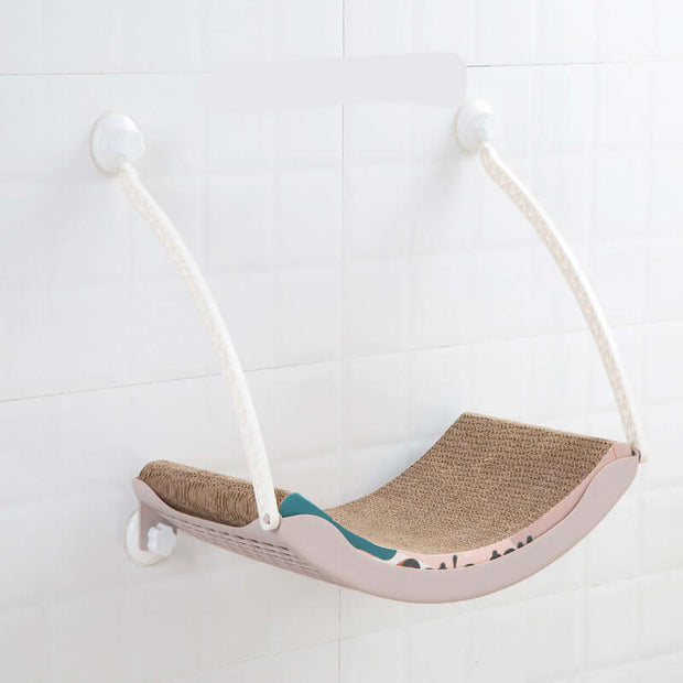 Hanging cat hammock for basking in the sun, featuring a sturdy plastic design with a comfortable bed for pets.