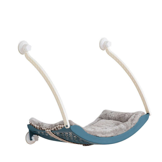Hanging cat hammock with soft bedding, ideal for sunbathing, designed for pet comfort and relaxation.