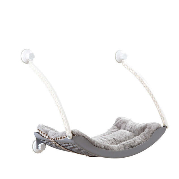 Hanging cat hammock for pets, made of plastic with gray cushion, designed for sunbathing and relaxation.