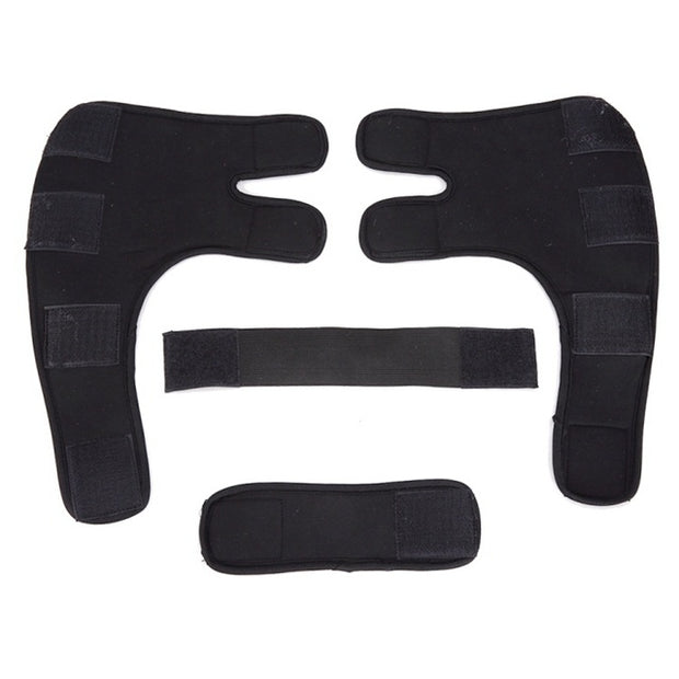 Black neoprene dog knee pads brace set for pet support and protection, includes two main pads and a strap.